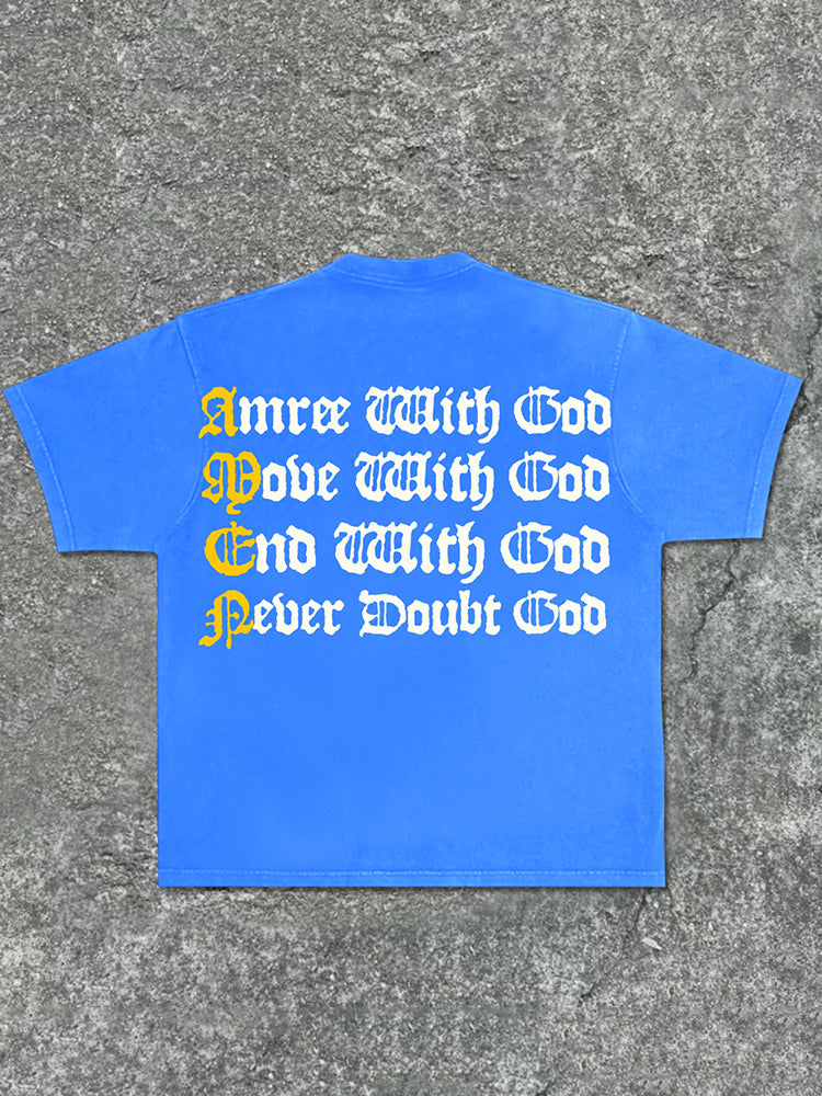 Vintage God-Amen Printed Alphabet Slogan Print Acid Washed T-Shirt