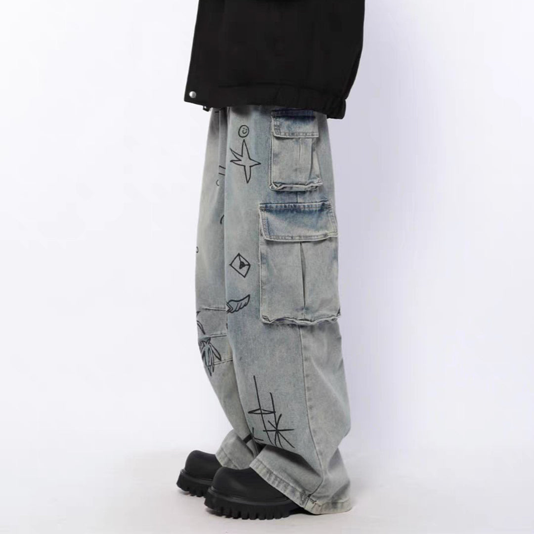 Men's Retro Graffiti Cartoon Loose Straight Work Jeans