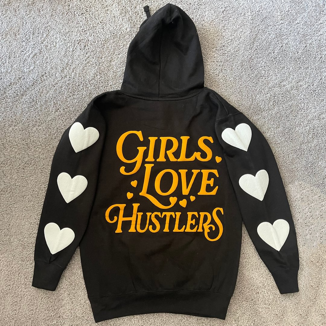 Vercoo Vintage Love Hustlers Graphic Print Side Pockets Hoodie