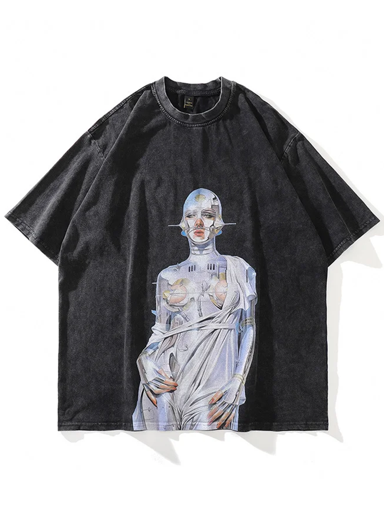 Vercoo Vintage Robo Goddess Graphic Print Acid Wash Oversized T-Shirt