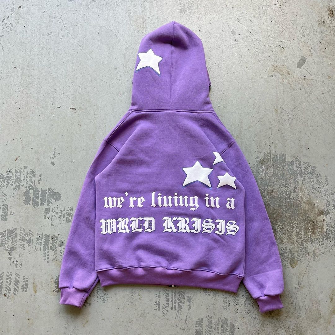 “We're Living In A Wrld Krisis”Puff Print Fleece-Lined Zip-Ups Hoodie