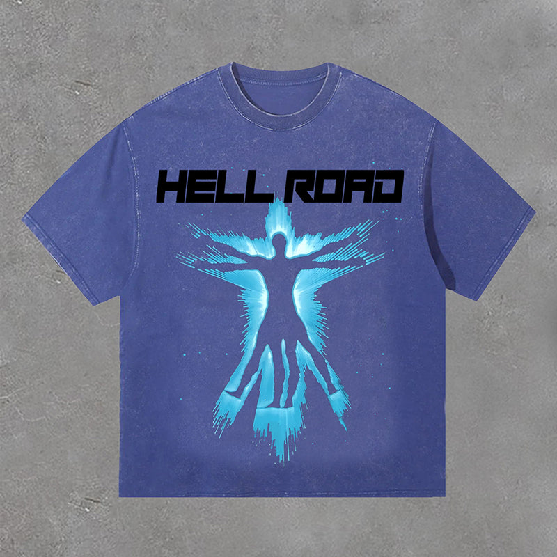 Hell Road Retro Portrait Graphic Print Acid Washed T-Shirt