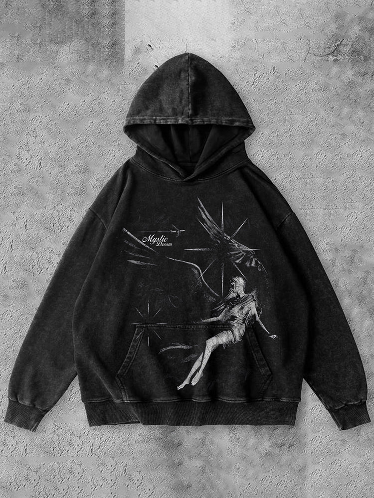 Contrast Color Unisex Angel Graphic Washed Hoodie