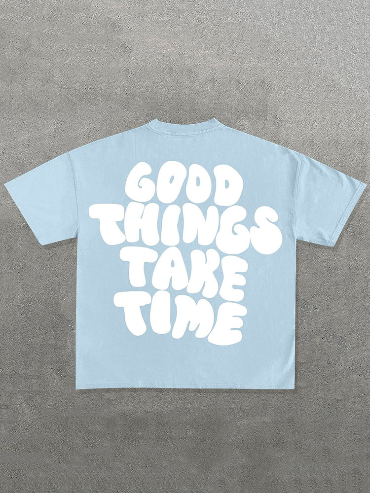 Vintage Good Things Take Time Letter Graphic Cotton Short Sleeve T-Shirt