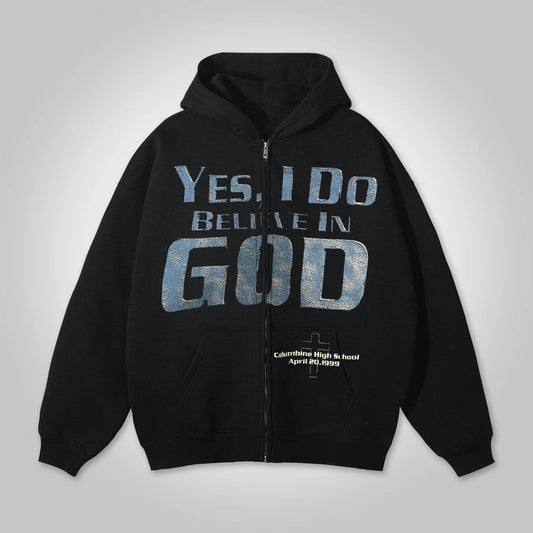 Vercoo Vintage Yes Believe In God Graphic Loose Velvet Pocket Zip Hoodie