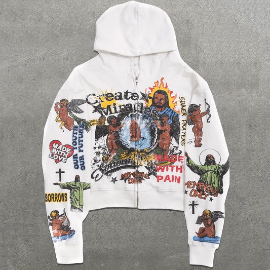 Works Miracles Graphic Print Pocket Zip-Up Hoodie