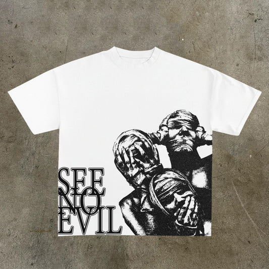 Vercoo Vintage See No Evil Print Graphics Cotton T-Shirt