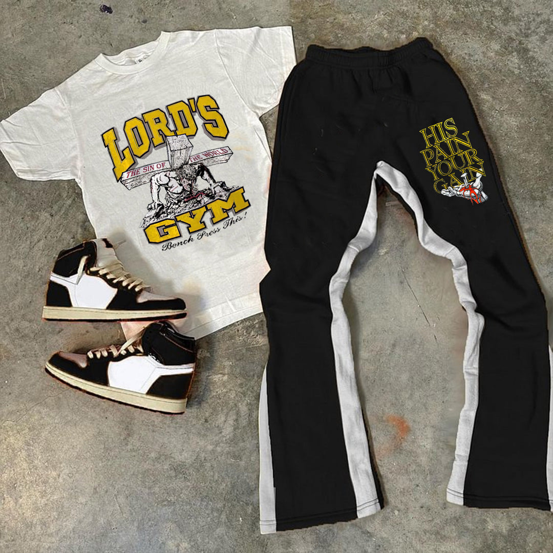 Lord S Gym Print Short Sleeve Tee & Flared Trousers Two Piece Set