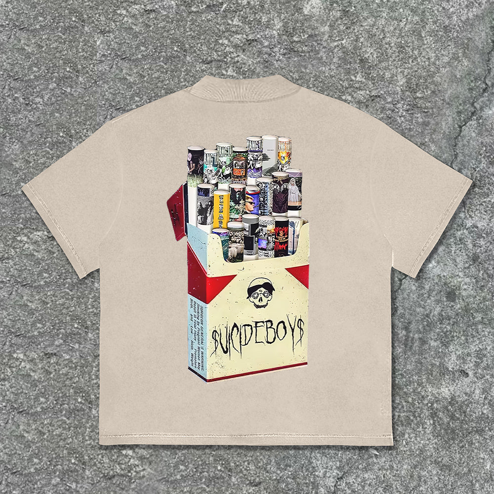 Vintage Cigarette Album Graphics Print Cotton T-Shirt