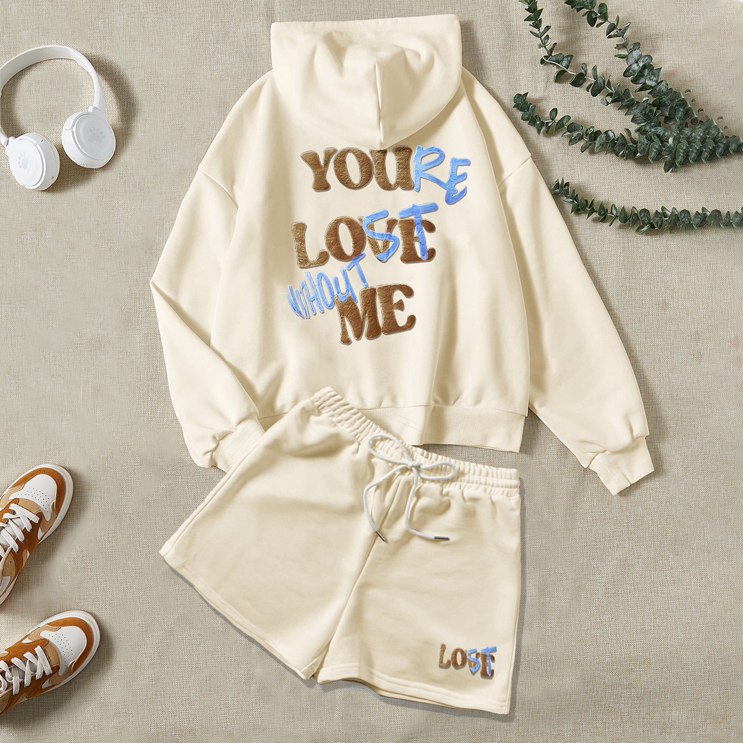 You're Lost Without Me Puff Print Hoodie & Shorts Sets