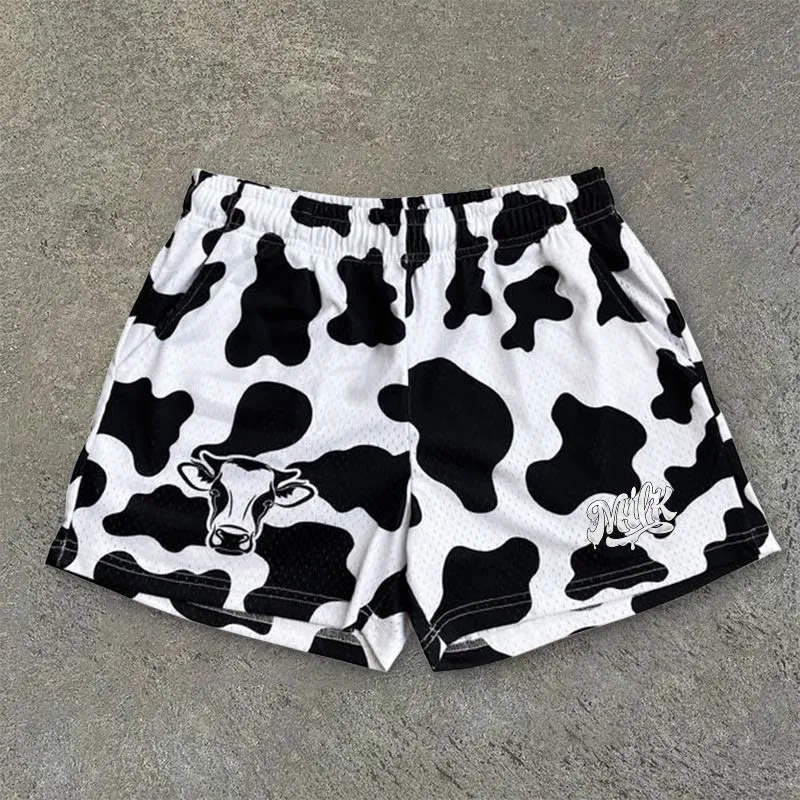 Vintage Milk Cow Art Graphics Mesh Shorts