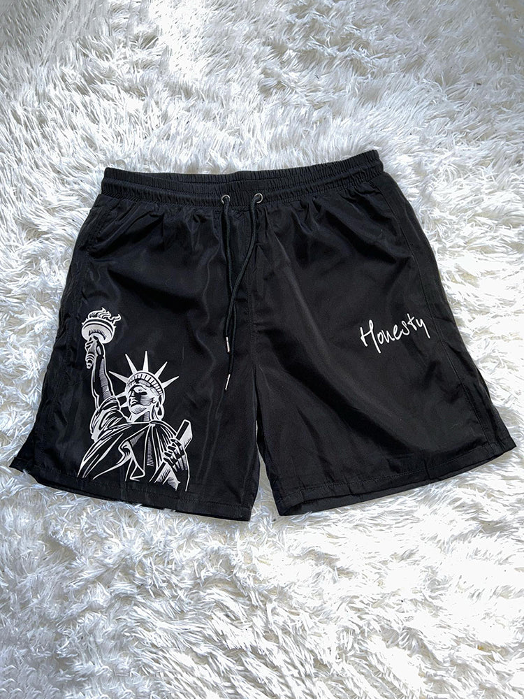 Vercoo Vintage New York State Of Honesty Graphic Casual Street Mesh Shorts