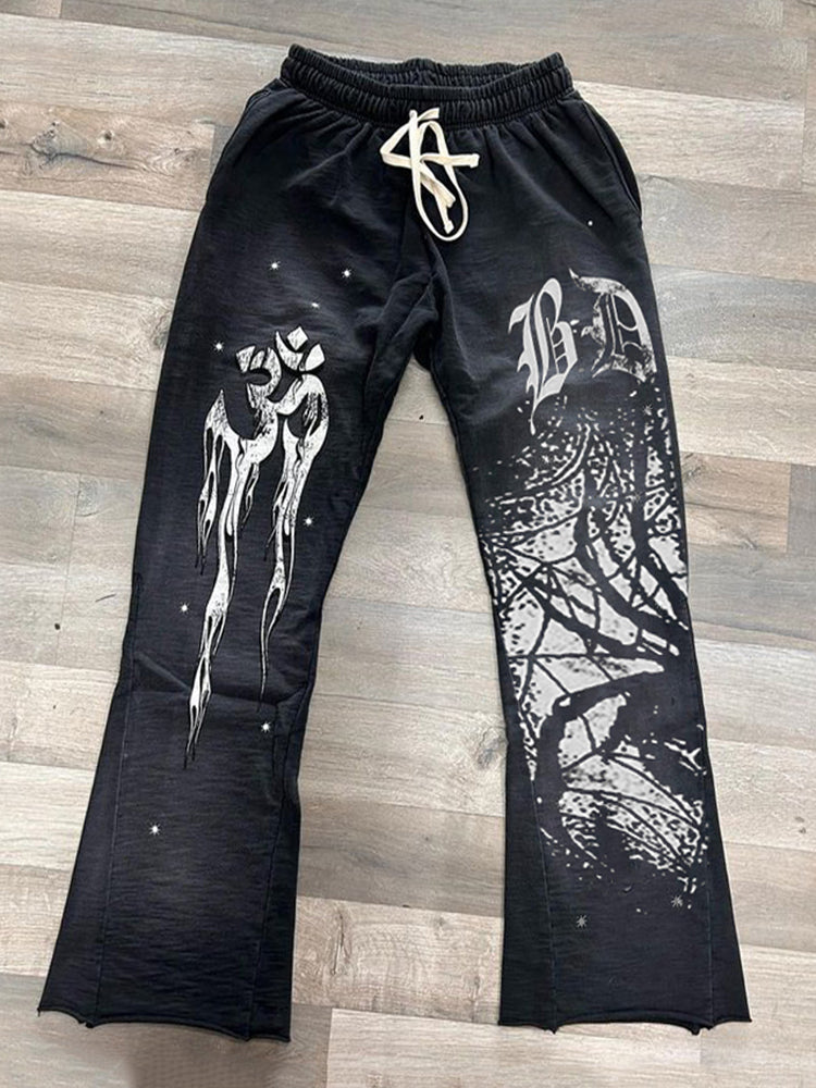 Vercoo Vintage Street Spider Flame Graphic Flared Sweatpants