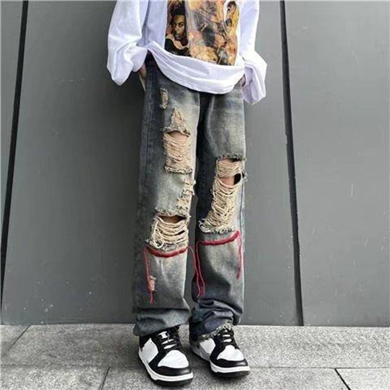 Men's American Retro High Street Ins Trendy Ripped Jeans