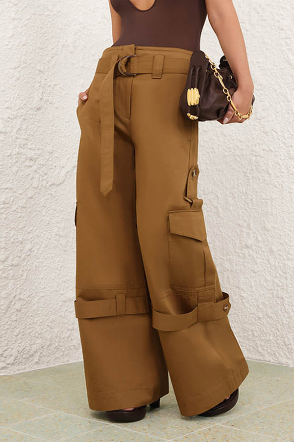 Fashion Belted Flap Pocket Straight Leg Pants