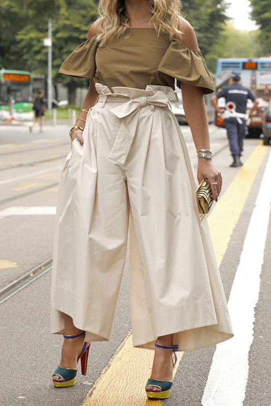 Fashion Cold Shoulder Top & Paperbag Waist Pants Set