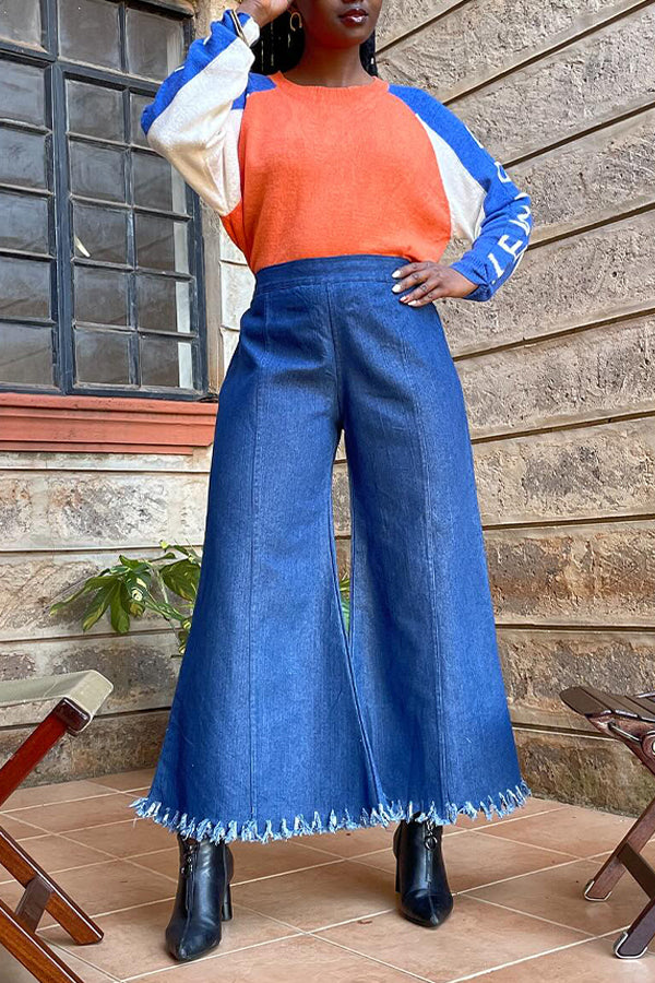 Casual Raw Trim Flare Leg Pants