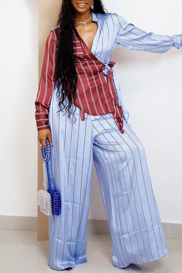 Elegant Two Tone Striped Top & Pants Set