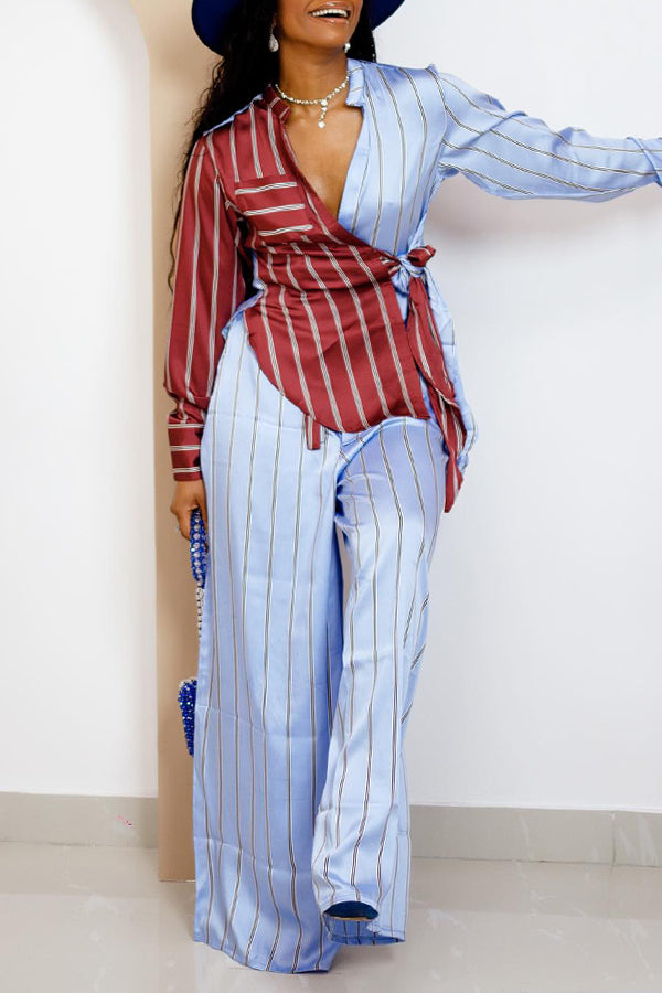 Elegant Two Tone Striped Top & Pants Set