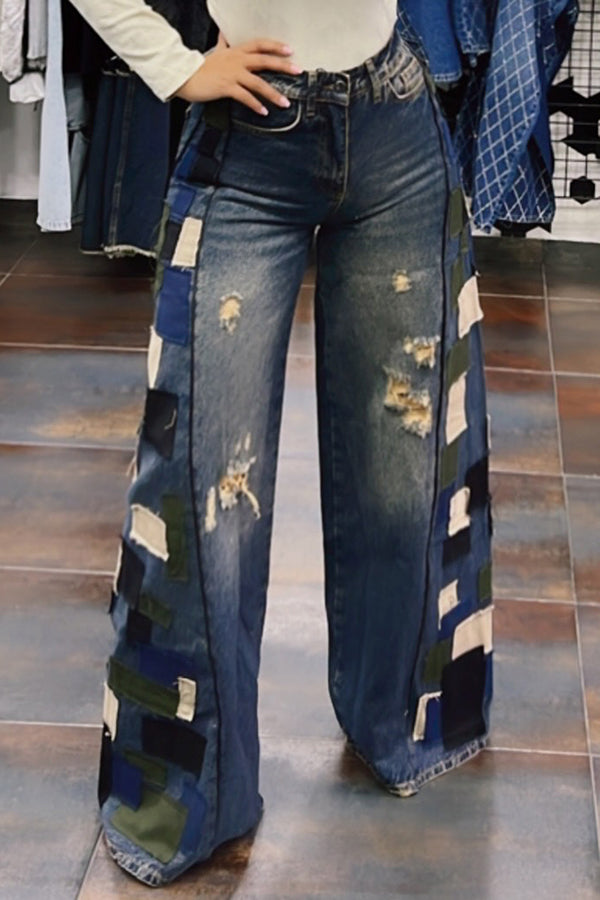 Casual Colorblock Ripped Wide Leg Jeans