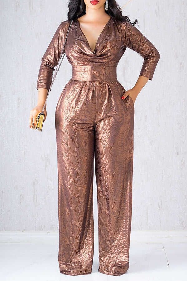 Elegant Draped Collar Metallic Jumpsuits