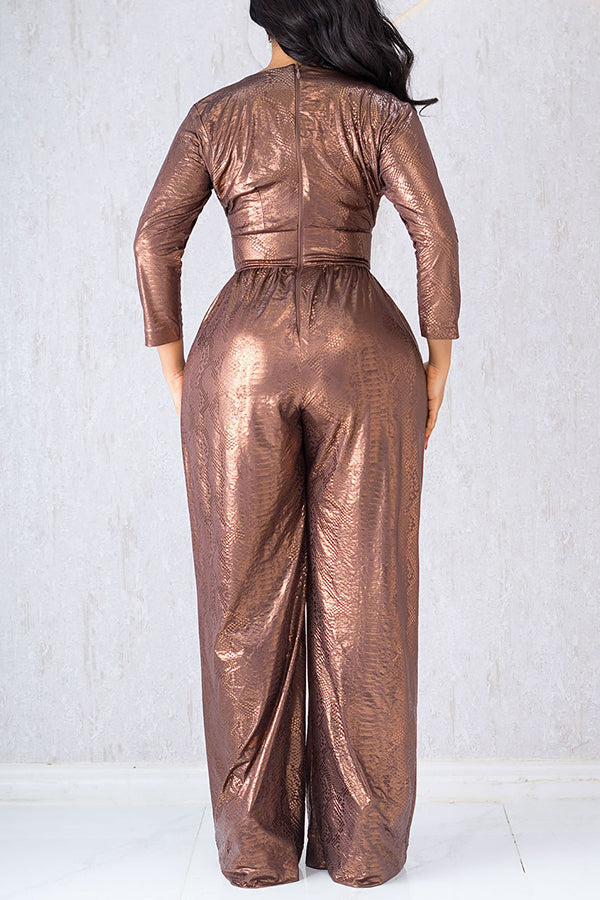 Elegant Draped Collar Metallic Jumpsuits