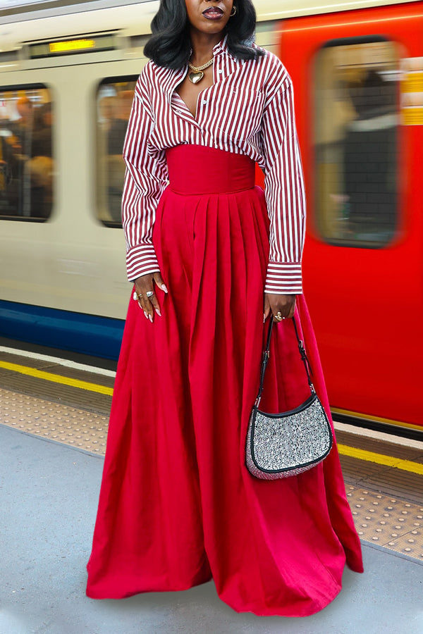 Fashion Striped Shirt & Oversized Wide Leg Pants Set