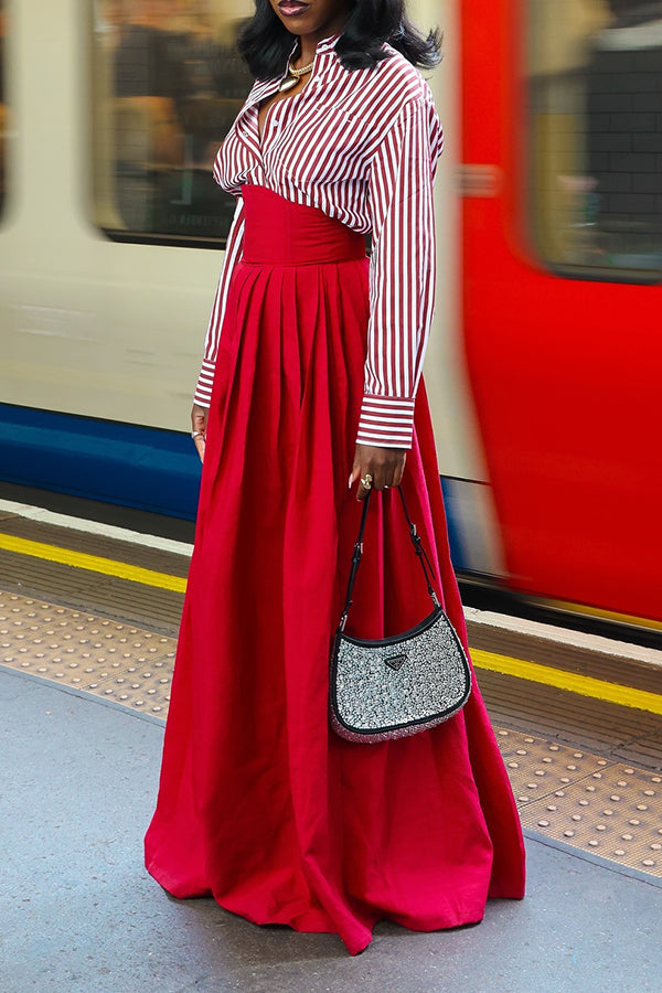 Fashion Striped Shirt & Oversized Wide Leg Pants Set