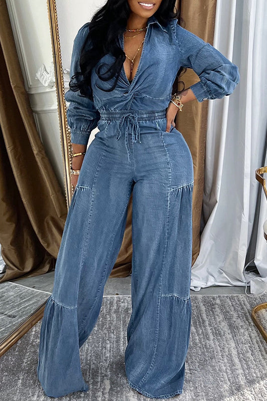 Casual Twist Front Denim Shirt & Ruched Jeans Set