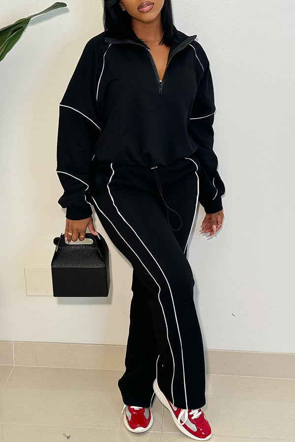 Casual Contrast Color Line Sweatshirt & Pants Set