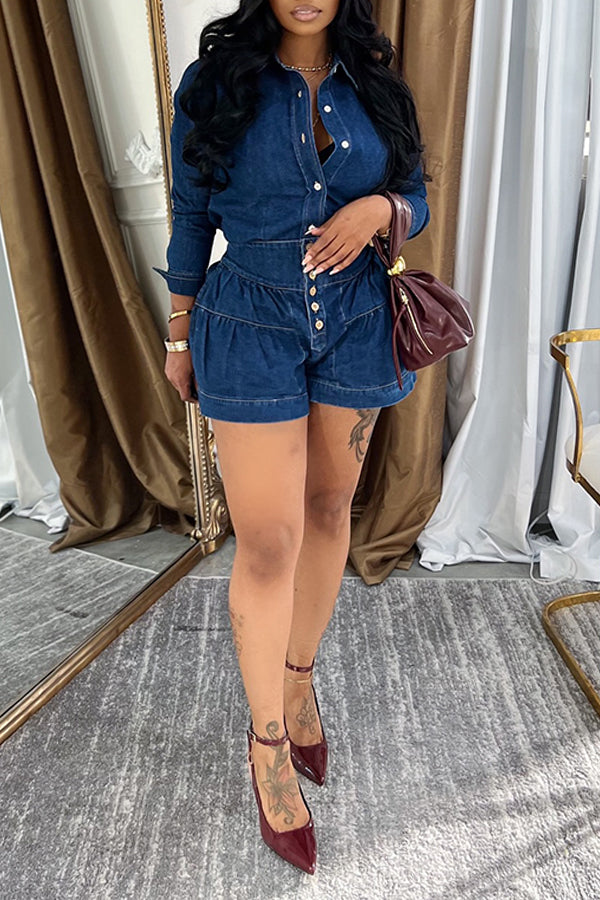 Casual Denim Shirt & Ruched Shorts Set