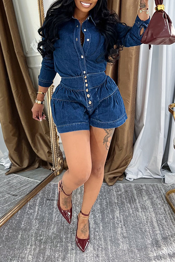 Casual Denim Shirt & Ruched Shorts Set