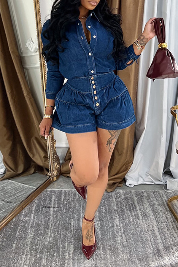 Casual Denim Shirt & Ruched Shorts Set