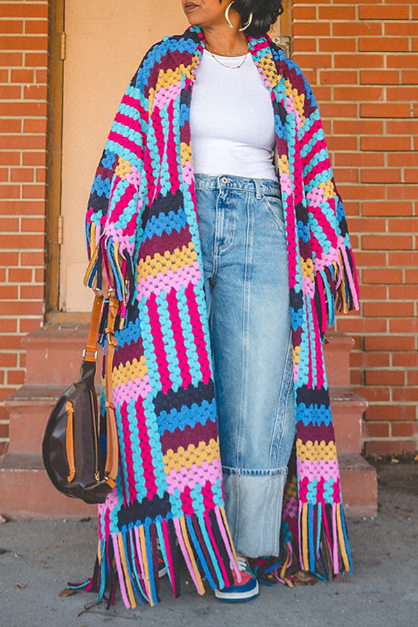 Casual Colorblock Striped Fringe Hem Cardigan