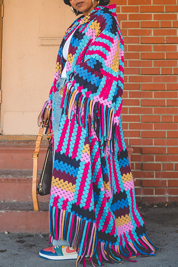 Casual Colorblock Striped Fringe Hem Cardigan