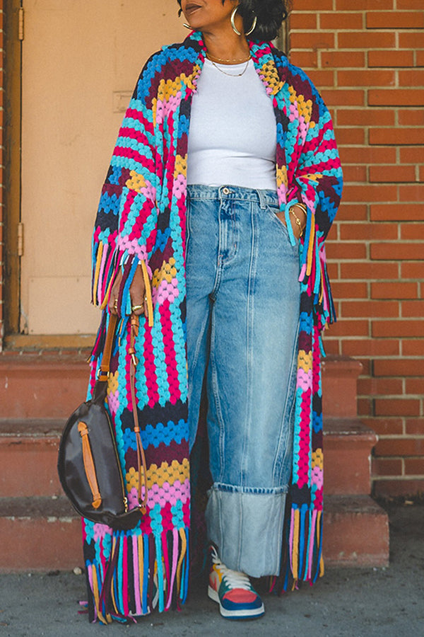 Casual Colorblock Striped Fringe Hem Cardigan