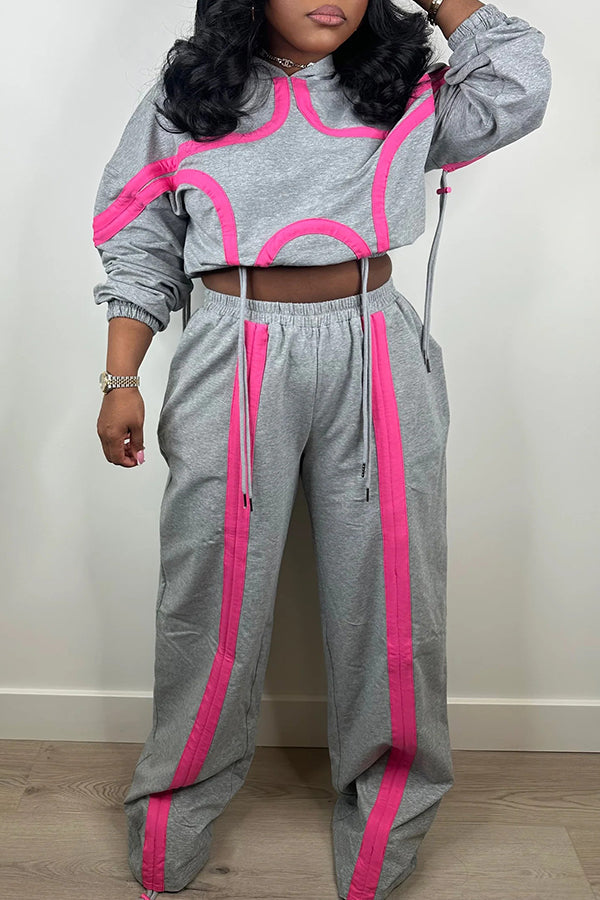 Casual Contrast Color Line Hooded & Pants Set