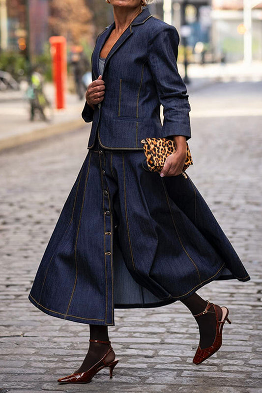 Chic Lapel Neck Denim Blazer & A-Line Skirt Set