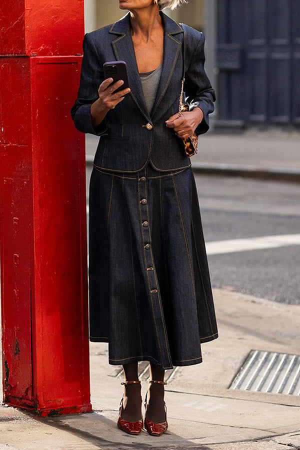 Chic Lapel Neck Denim Blazer & A-Line Skirt Set