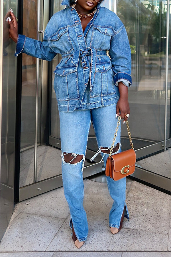 Casual Solid Ripped Split Hem Jeans