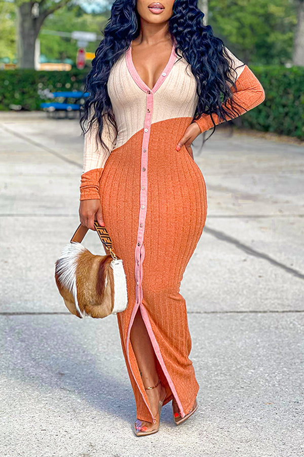 Casual V-Neck Colorblock Knit Maxi Dress