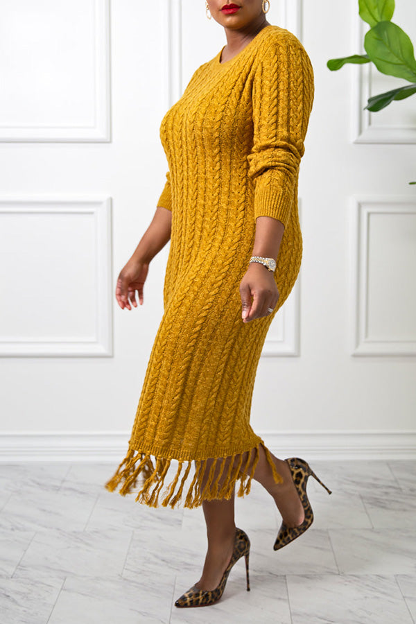 Warm And Styliah Cable Knit Fringe Trim Dress