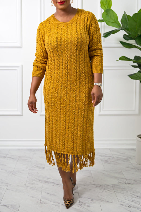 Warm And Styliah Cable Knit Fringe Trim Dress