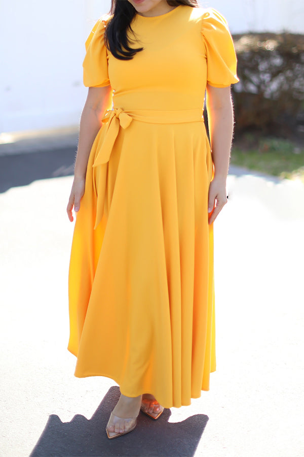 Elegant Puff Sleeve Belted Maxi Dress