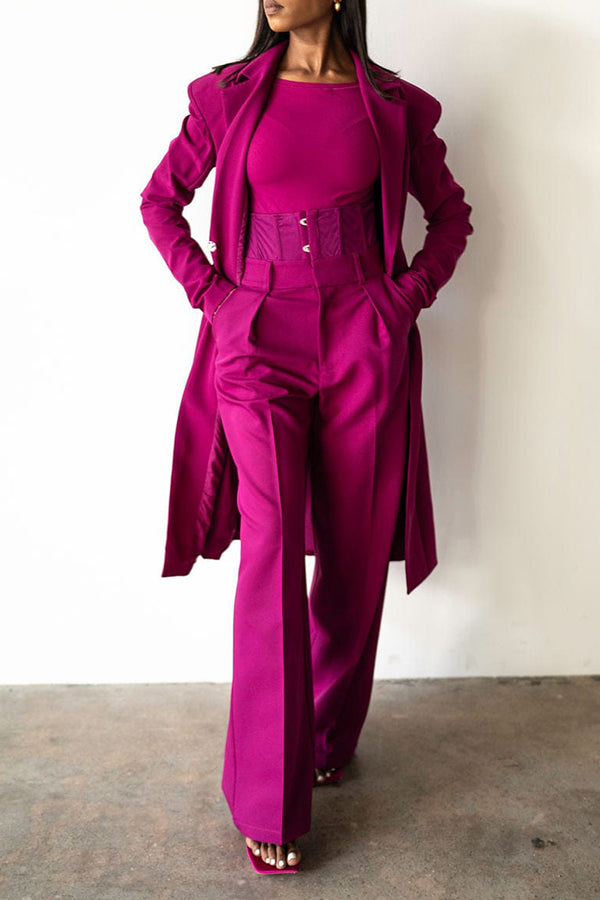 Fashionable Long Blazer & Flared High-waisted Trousers Suit