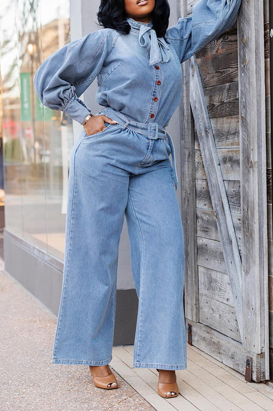 Bow Collar Denim Top & Pants Set