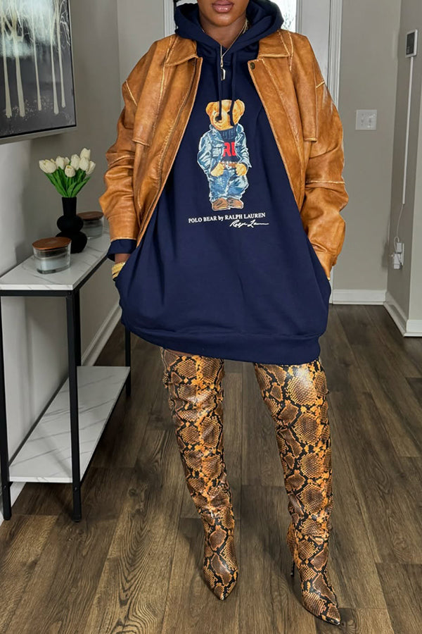 Bear Print Hooded Sweatshirt Dress