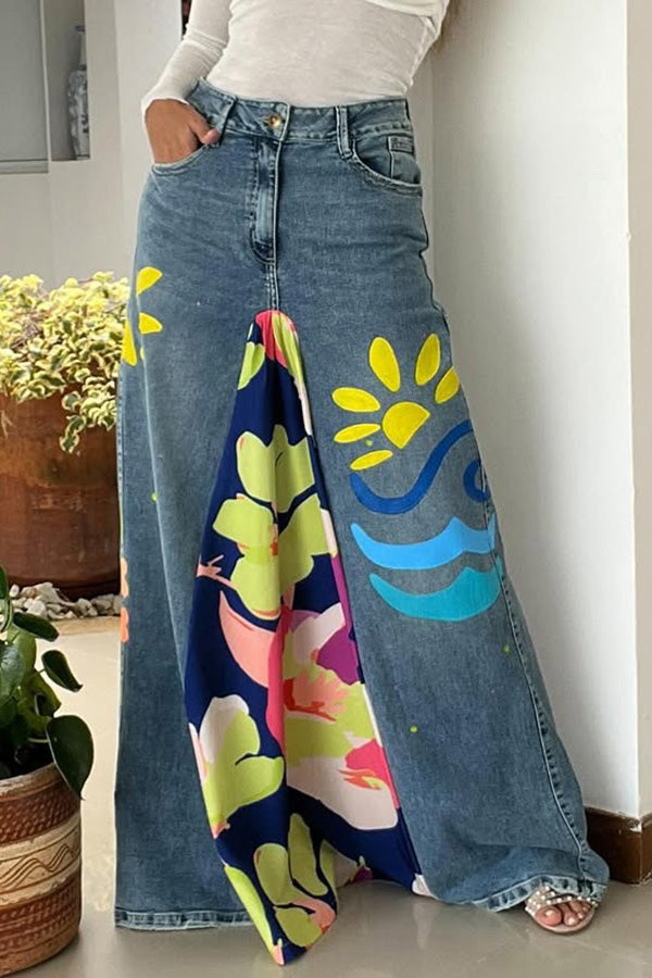 Chic Floral Print High Waist Denim Skirt