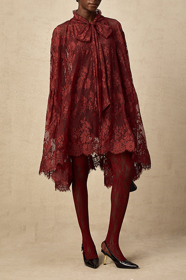 Bow Collar High Low Hem Lace Dress