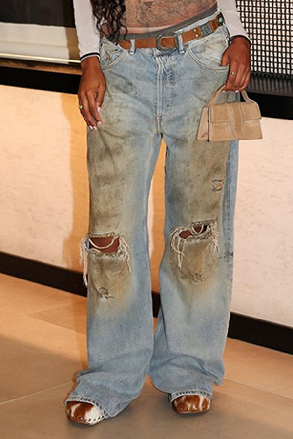 Fashion Bleach Wash Ripped Jeans